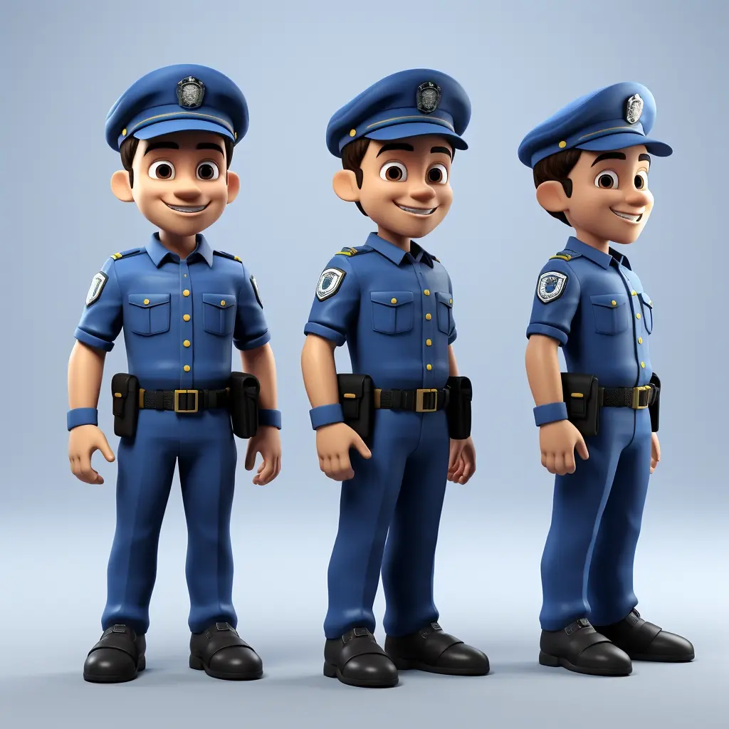 Journey Art Example-A cop in a blue uniform, full length, IP image, young, handsome, 3 views, three-view drawing, three-view drawing needs three views namely front view side view and rear view